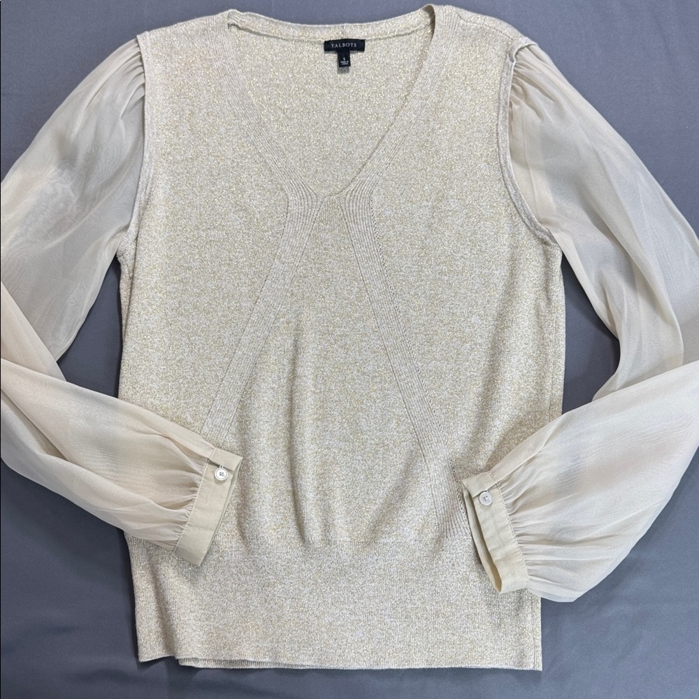 Talbots‎ Sheer Sleeve V-Neck Pullover Gold Metallic Sparkle Knit Size S